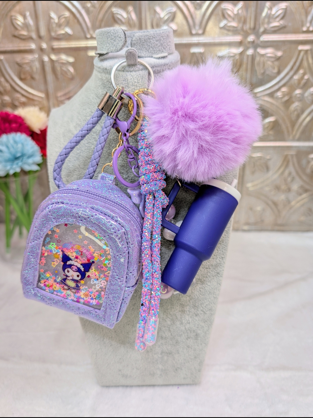 Kuromi Themed Large Pom Pom Keychain Bundle